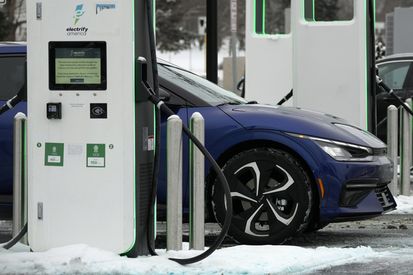 An electric vehicle at a charging station in Skokie, Illinois.