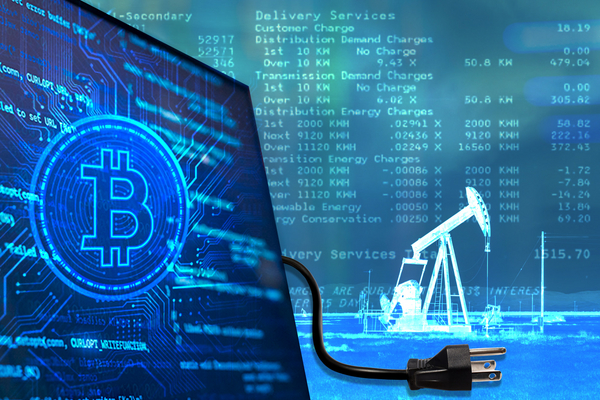 Photo collage of a computer with BitCoin logo and a pumpjack in the background with an electric bill 