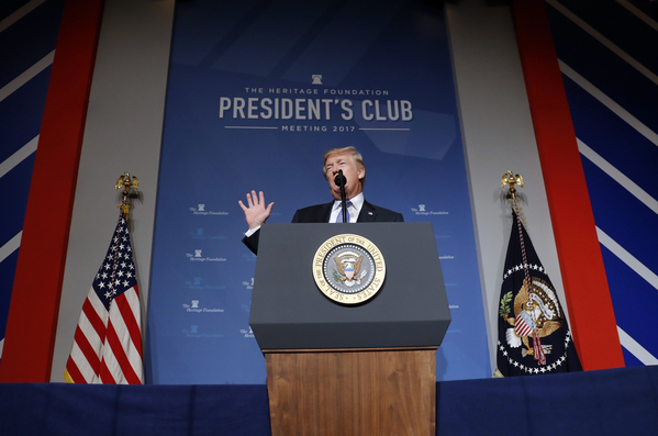 Then-President Donald Trump speaks at the Heritage Foundation's annual President's Club meeting.