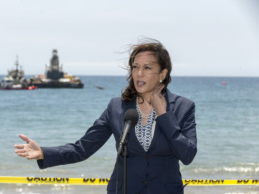 California Attorney General Kamala Harris takes questions from the media after being briefed on the Santa Barbara oil spill at Refugio State Beach, north of Goleta, California, on June 4, 2015.